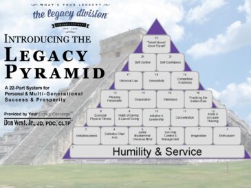 Image of the Legacy Pyramid™, a 22-step framework for personal and multi-generational success by Don West, Jr. The pyramid is built on the foundation of Humility & Service, with principles such as Industriousness, Imagination, Physical Fitness, Leadership, Cooperation, Self-Confidence, and ultimately Know Thyself at the top. The pyramid graphic is placed in front of an ancient stone pyramid with a bright blue sky in the background. Text on the left reads: “Introducing the Legacy Pyramid – A 22-Part System for Personal & Multi-Generational Success & Prosperity. Provided by Your Legacy Concierge™, Don West, Jr., JD, PDC, CLTP™.”