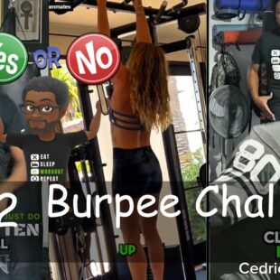Collage-style image for Day 2 of the Burpee Challenge featuring Don West Jr. in a black ‘Eat Sleep Workout Repeat’ t-shirt, a woman performing pull-ups, a cartoon avatar holding a Yes/No sign, and a black-and-white photo of NFL legend Cedrick Hardman. Bold white text reads ‘Day 2 Burpee Challenge.