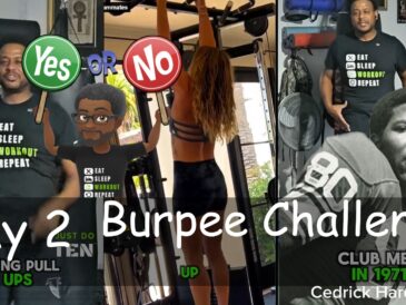 Collage-style image for Day 2 of the Burpee Challenge featuring Don West Jr. in a black ‘Eat Sleep Workout Repeat’ t-shirt, a woman performing pull-ups, a cartoon avatar holding a Yes/No sign, and a black-and-white photo of NFL legend Cedrick Hardman. Bold white text reads ‘Day 2 Burpee Challenge.
